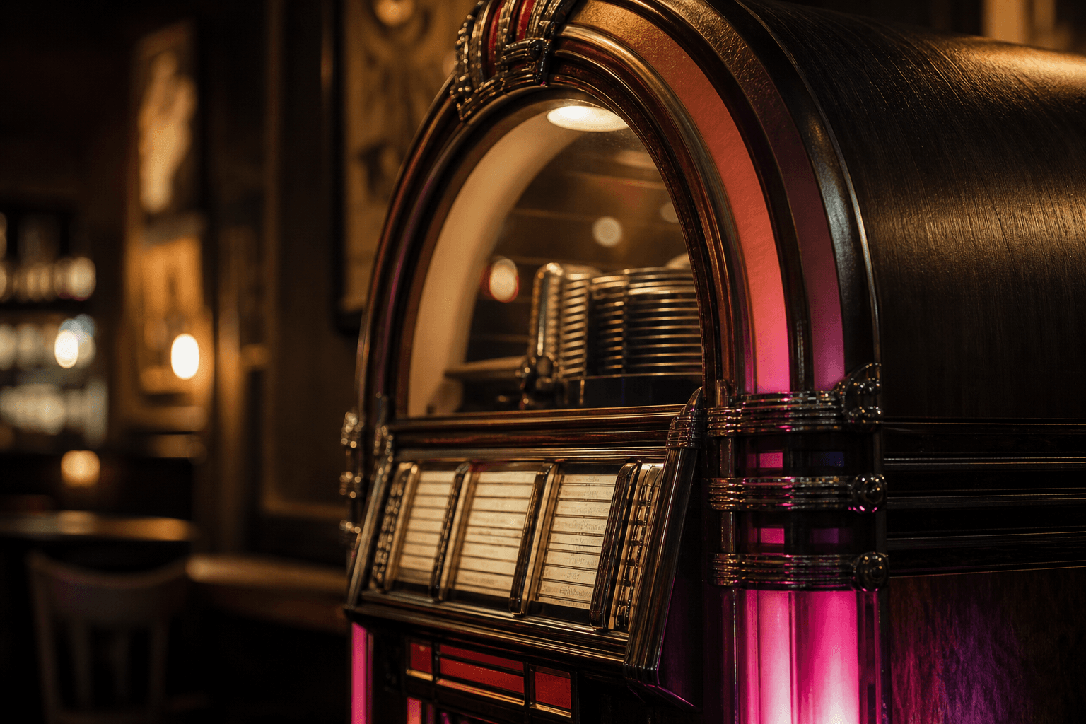 Detail of a jukebox in a pub setting